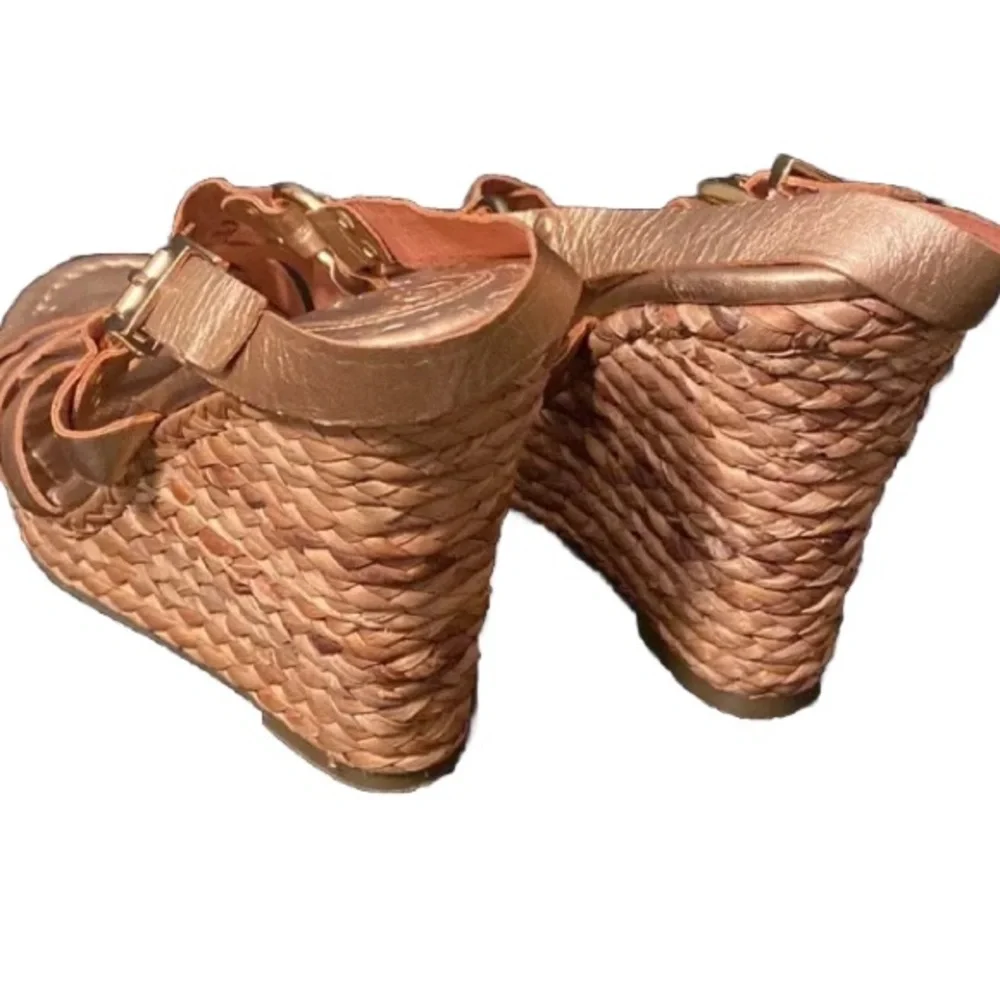 Corso Como Rose Metallic Leather Straw Braided Wedge Espadrilles Sandals 8